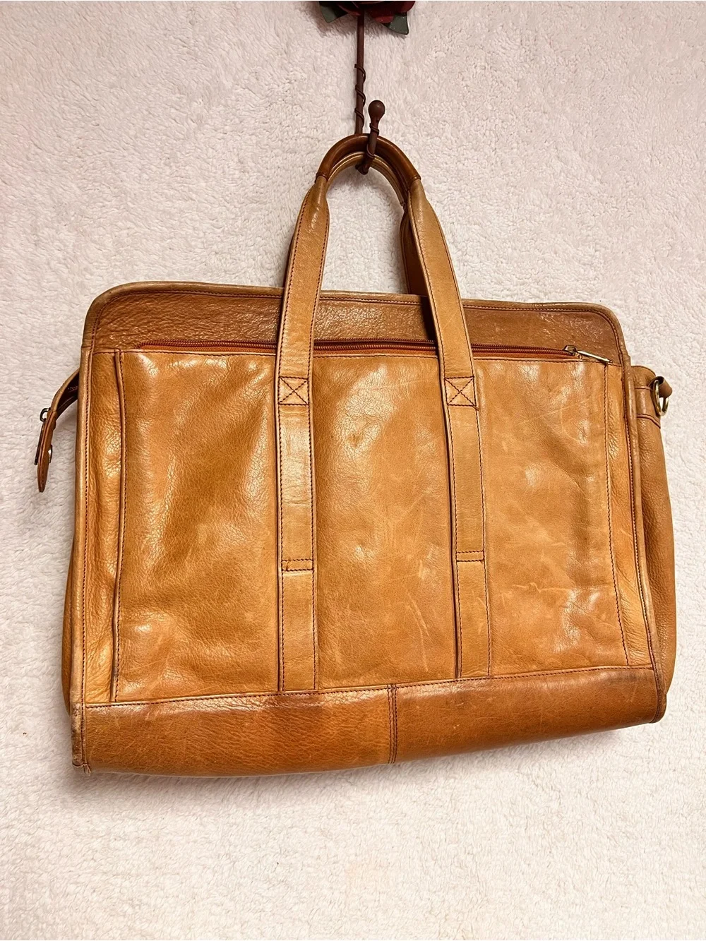Classic Tan Leather Briefcase with Front Zip Pocket - Men's Business Bag